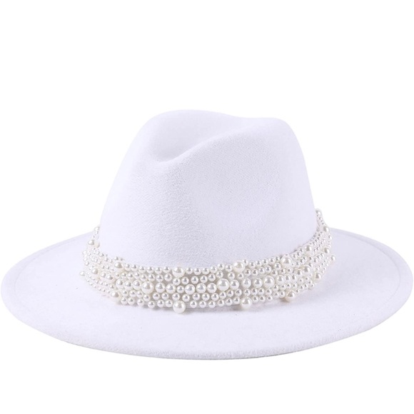 Style White Fashion Fedora Jazz Hat with Wide Pearl Belt - Picture 4 of 9